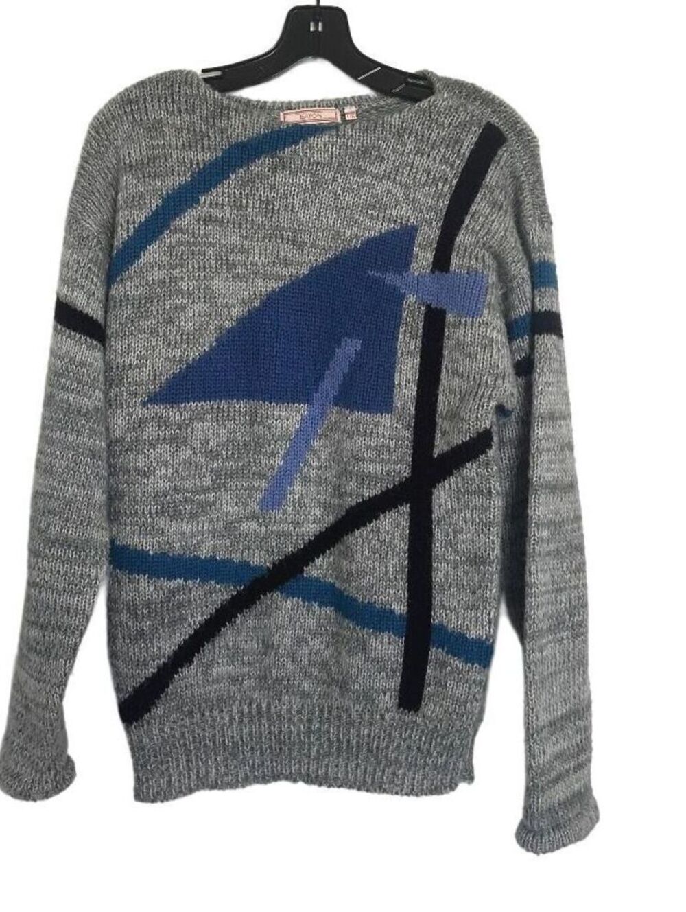 Vintage Eaton 80s Geometric Abstract Knit Sweater Grey Blue Women's - L EUC